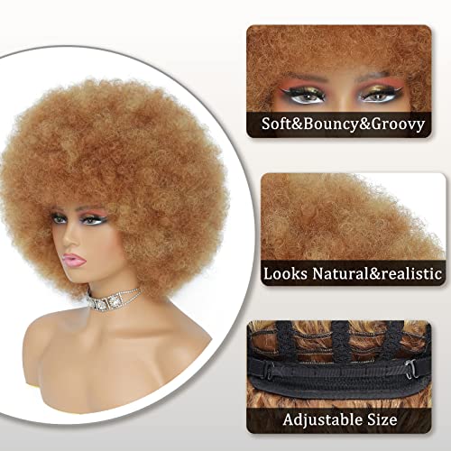 Afro Wig - Soft 70s Afro Wig For Women Blonde Afro Kinky Curly Hair Wigs With Bangs Natural Looking Ash Blonde Short Afro Curly Wig For Men Bouncy Afro Puff Wig Synthetic Hair Big Afro Wig For Daily Party Use - Image 4