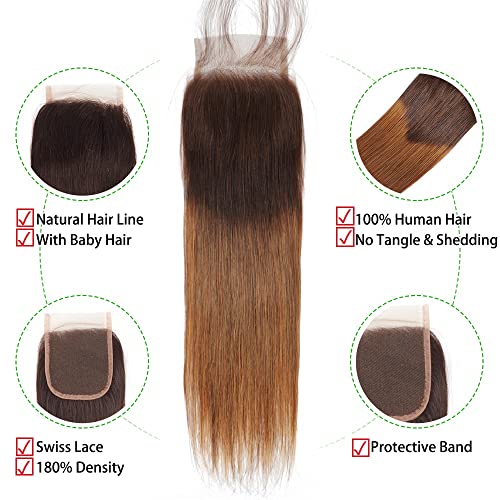 Ombre Straight Hair Bundles With Closure 10A Brazilian Virgin Remy Human Hair 2 Tone T4/30 Ombre Straight Human Hair Bundles with 4x4 Lace Closure Free Part (12 14 16 +12) - Image 2