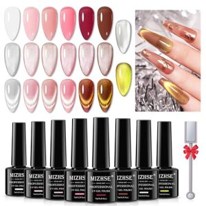MIZHSE Jelly Gel Nail Polish Set with Classic Cateye Gel Nail Polish Gold Sliver, Translucent Nude Pink Brown Basic Colors with Glitter Cat Eye Gel and Magnet, Soak Off Nail Salon Home Manicure Gift