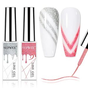 Reflective Liner Gel Polish Silver and Coral Red Gel Liner Nail Art Polish Set Disco Glitter Gel Liner Polish Nail Painting for DIY Drawing Nail Gel Art Design Soak Off UV Gel