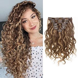 Loxxy Clip in Human Hair Extensions 20inch Natural Wave Double Weft Real Human Hair Extensions for Women #P4/27 Dark Brown Mixed with Caramel Blonde 120g/set 7Pcs/lot And 17 Clips Per Pack