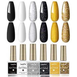 LanFo 6-Color Gel Nail Polish Kit including Black, White, and Glitter for Home Manicure