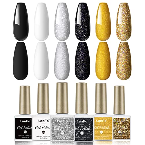 LanFo 6-Color Gel Nail Polish Kit including Black, White, and Glitter for Home Manicure