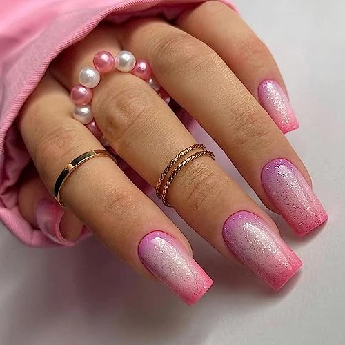 24 Pc Medium Square Purple Pink Ombre French Glitter Press On Nails