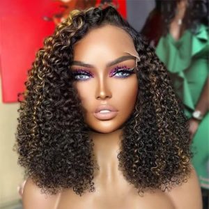 12 Inch Short Bob Curly Wig 180% Density 1b/27 Honey Blonde Human Hair