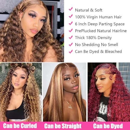 20Inch Highlight 13x6 Lace Front Wigs Human Hair for Women Deep Curly Lace Frontal Wig Pre Plucked Water Wave 180% Density - Image 4