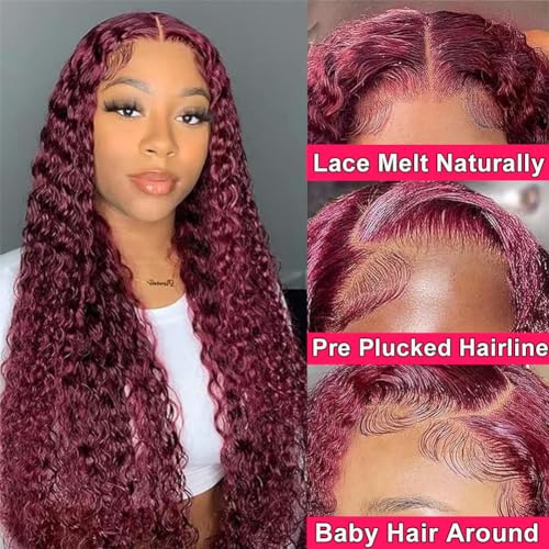 99J HD Lace Front Wigs Human Hair Pre Plucked 180 Density Burgundy Deep Wave Frontal Wigs 13x4 Natural Hairline Human Hair Wigs for Black Women(22 Inch) - Image 3