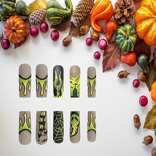 24Pcs Square Press on Nails Extra Long False Nails Yellow-green Gradient Design Halloween Fake Nails Spider Web Flame Glue on Nails Horror Bat Castle Full Cover Stick on Nails for Women Manicure Tips - Image 5