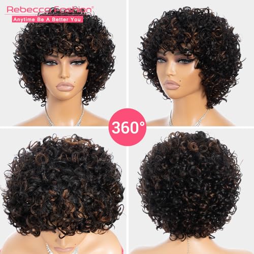 Rebecca Fashion Short Curly Wigs with Bangs Human Hair 8" Curly Wigs for Black Women Black Mixed Brown Color 150% Density Brazilian Virgin Hair (F1B/30) - Image 4