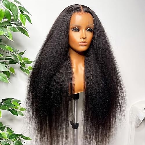 BLY Human Hair Lace Front Glueless Wigs for Women 13x6 Kinky Straight Pre Bleached Knots Yaki Human Hair Wig HD Transparent Lace Pre Plucked 180% Density Natural Black Color 26 Inch - Image 4