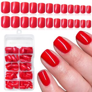 LuckForever Short Press on Nails 240pc Glossy Red Press on Nails Short Square Fake Nails Full Cover False Fingernail French Tips Presson Nail 10 Sheets Glue Nail Adhesive Tabs File Tools for Women