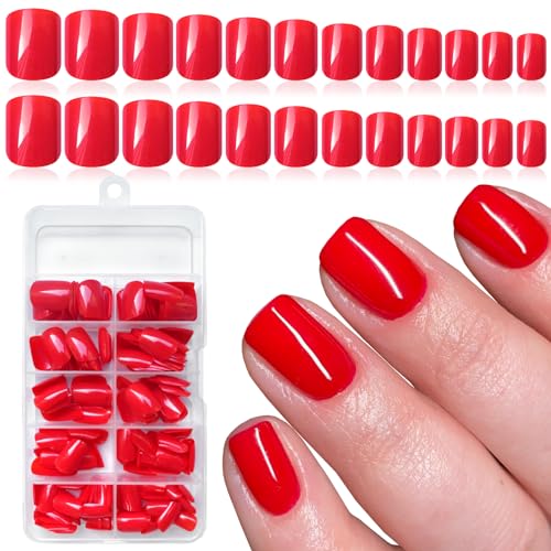 LuckForever Short Press on Nails 240pc Glossy Red Press on Nails Short Square Fake Nails Full Cover False Fingernail French Tips Presson Nail 10 Sheets Glue Nail Adhesive Tabs File Tools for Women