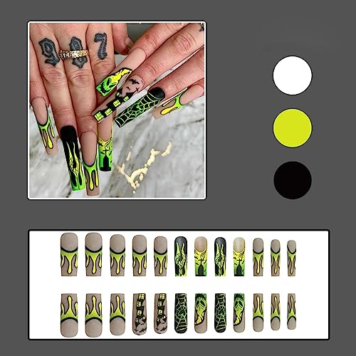 24Pcs Square Press on Nails Extra Long False Nails Yellow-green Gradient Design Halloween Fake Nails Spider Web Flame Glue on Nails Horror Bat Castle Full Cover Stick on Nails for Women Manicure Tips - Image 2