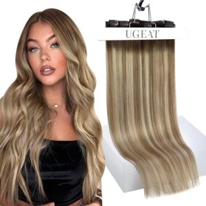 Ugeat 18 Inch Ombre Clip-In Human Hair Extensions Dark Brown to Ash Blonde Balayage 7pc Set 120g