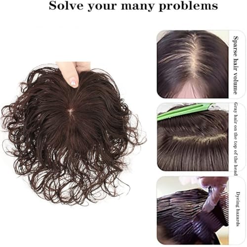 100% Real Human Hair Toppers For Thinning Hair Natural Brown Curls Hair Pieces For Women Clip In Top Hair Toupee 9 * 9cm Mesh Base Hair Extensions For Gray Hair - Image 2