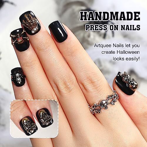 Artquee Halloween Press on Nails Short Black Fake Nail Glossy 3D Gold Skull Claws Spider Designs Square False Nails Acrylic Stick on Nails Tips Manicure for Women and Girls in 12 Sizes - 24pcs - Image 2