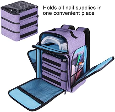 Nail Polish Organizer Backpack Holds 108 Bottles(15ml - 0.5 fl.oz) and a Nail Lamp, Nail Supplies Organizer Case with 3 Removable Nail Polish Pouches, Nail Storage Bag for Nail Tech (Purple) - Image 2