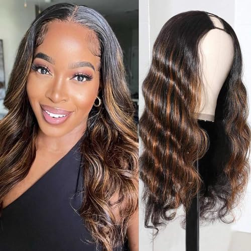 Brazilian Virgin Human Hair U Part Wig Body Wave Glueless Clip In #FB30 Balayage Brown 30 Inch 180% Density
