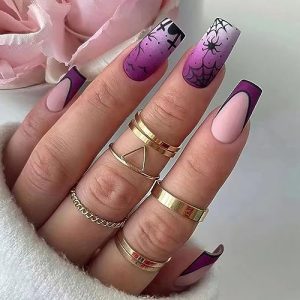 Halloween Press on Nails Long Coffin French Tip Purple Spider Web Design 24 Pcs