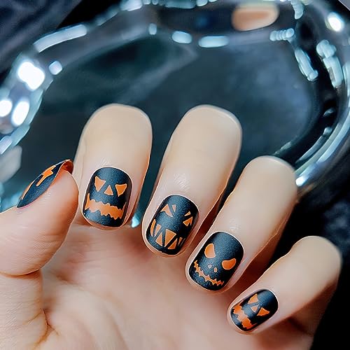 Halloween Short Square Black Matte Press On Nails with Orange Pumpkin Design 24pc Set