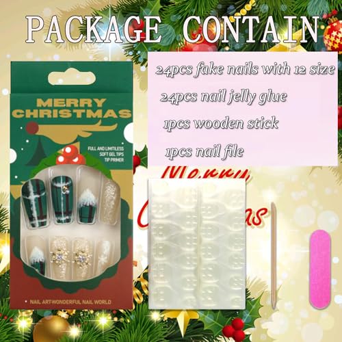 Christmas Press on Nails Square Medium 24Pcs Green Christmas Fake Nails Sets Glossy Full Cover Acrylic Xmas Winter False Nails with Gold Snowflake Gems Designs Holiday False Glue Fingernails - Image 4