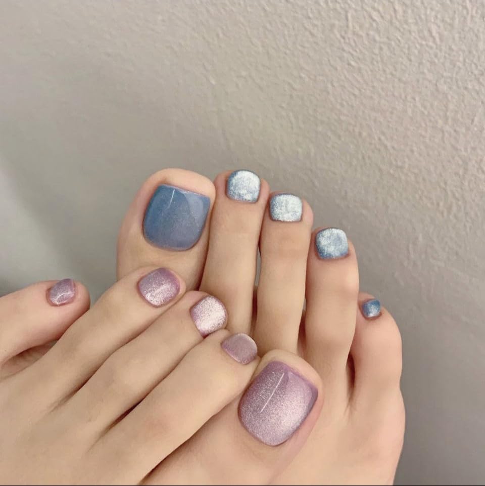 Holographic Cats Eyes Blue False Toe Nails,Grape Purple Shiny Diamond Glitter Design Press on Toenails,Ballet Lovely Short Square Toenails LANOVA FT-087
