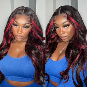 Burgundy Body Wave 24 Inch Human Hair Lace Front Wig, 180 Density, Pre Plucked
