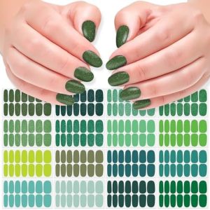 DANNEASY 16 Sheets Green Nail Wraps for Women Full Nail Polish Stickers Fresh Color Self Adhesive Nail Polish Strips Glitter Nail Strips Gel Fingernail Sticker Nails with Nail File, Cuticle Stick