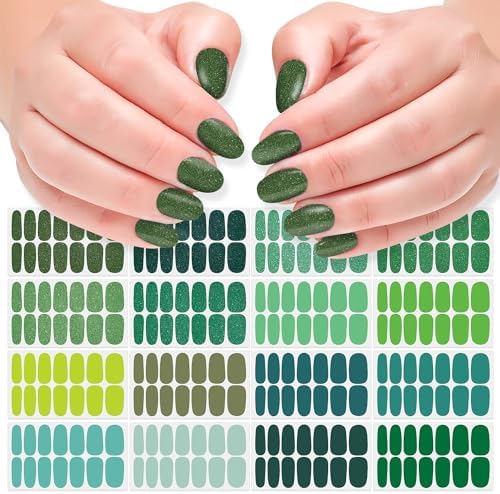 DANNEASY 16 Sheets Green Nail Wraps for Women Full Nail Polish Stickers Fresh Color Self Adhesive Nail Polish Strips Glitter Nail Strips Gel Fingernail Sticker Nails with Nail File, Cuticle Stick