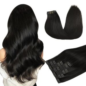 DOORES 18 Inch Seamless Clip-in Remy Human Hair Extensions, Natural Black, 110g, 7 Piece Set