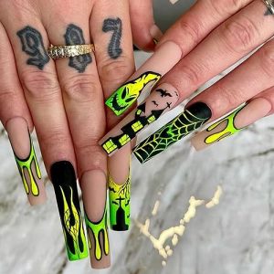 24Pcs Halloween Press on Nails Square Long Fake Nails with Yellow Green Ghost and Spider Web Press on Nails Designs Gothic Bat Coffin Nails Square Long Acrylic with Glue Stick on Nails for Women.