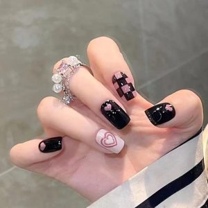 Press on Nails Short Square Stick on Nails Black Fake Nails Pink Glue on Nails Cute False Nails with Heart Lattice Designs Black Full Cover Acrylic Nails Glossy Artificial Nails for Girls