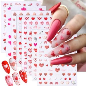 8Sheets Valentine's Day Nail Art Stickers 3D Self Adhesive Rose Nail Decals Colorful Heart Nail Stickers Butterfly Bow Tie Flower Nail Design Stickers Valentines Nail Supplies for DIY Manicure Decor