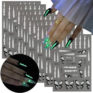 8Sheets Halloween Luminous Nail Stickers for Nail Art, Glow in The Dark Halloween Nail Decals 3D Self Adhesive Nail Art Supplies Halloween Candle Joint Butterfly Nail Designs Sparking Nail Decoration