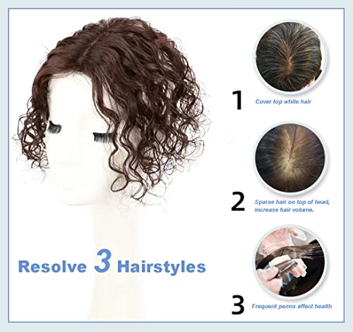 Dark Brown Curly Human Hair Topper for Women, 12" Length, 3.5"x5.5" Swiss Net Base, Clip-In Hairpiece - Image 7