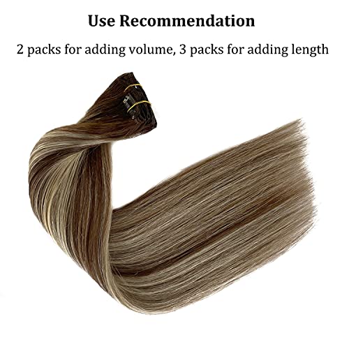 20 Inch Real Human Hair Extensions Clip ins Hair Weft Silky Straight Chocolate Brown with Platinum Blonde Highlights Clip on Brazilian Virgin Human Hair Extensions Double Weft Natural Hair Extensions - Image 4