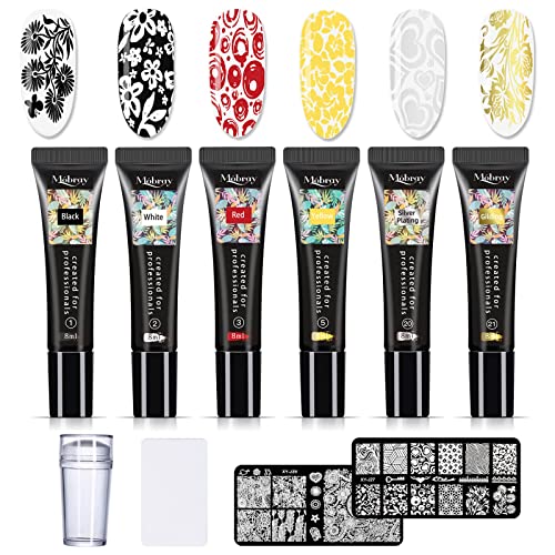 Mobray Nail Stamper Kit 8 ml, 6 Colors UV LED Nail Stamping Polish Gel with 1*Head Stamper 1*Scraper and 2*Leaves Flowers Animal Image Nail Stamping Templates Nail Stamping Kit for Manicure Tool