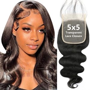 5x5 Transparent HD Lace Closure Only Body Wave Hair Closure Invisible Lace Closure 12A Brazilian Virgin Remy Human Hair Frontal Closure 100% Human Hair Extensions Pre Plucked Natural Black 18 Inch