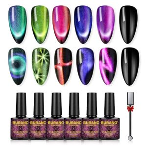 BURANO 9D Magnetic Holographic Cat Eye Gel Nail Polish 6 Color Set with Magnet Stick