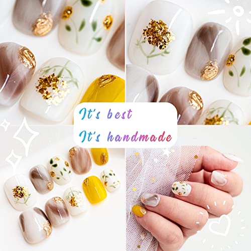 Sun&Beam Handmade Short Round Press On Nails with Golden Flowers - 10 Piece Set - Image 2