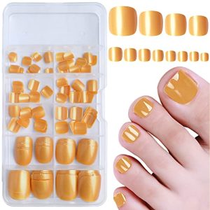 Press on Toenails 120pcs Short Square Fake Toenails Full Cover Gold Glossy Acrylic False Toe Nails Tips with 5 Sheets Adhesive Glue Tabs for Women and Girls Foot Decor