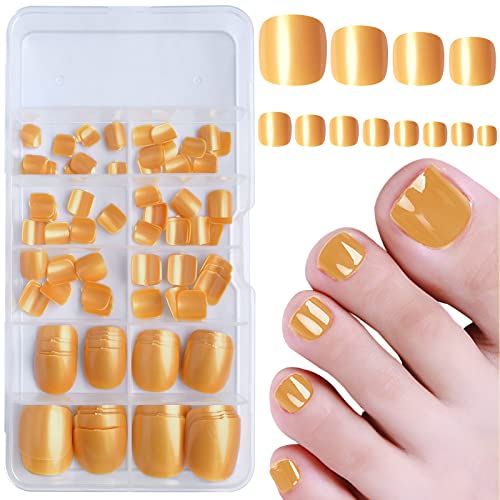 Press on Toenails 120pcs Short Square Fake Toenails Full Cover Gold Glossy Acrylic False Toe Nails Tips with 5 Sheets Adhesive Glue Tabs for Women and Girls Foot Decor