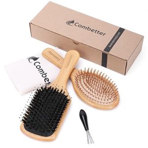 2PCS Eco-Friendly Bamboo Boar Bristle Hair Brush Set with Cleaning Claw and Bag for All Hair Types