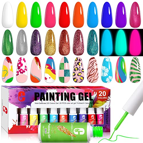 Clara Colors 20 Piece Gel Nail Polish Art Liner Set Thin Brush