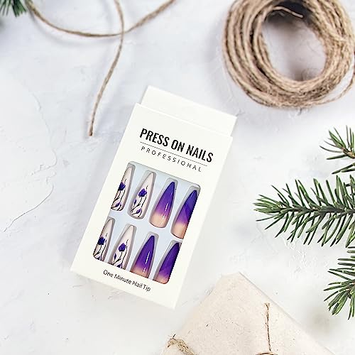 Long Press on Nails Stiletto Fake Nails with Purple Gradient Purple Flower Design Full Cover White Violet Gradient Artificial Nails for Women and Girls Summer Holiday Extra Long Acrylic Nails, 24 pcs - Image 4
