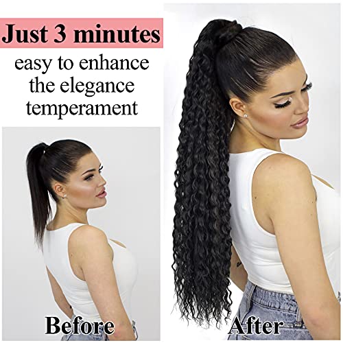 30inch Long Corn Curly Wave Drawstring Ponytail Synthetic High Puff Hair Pieces With Comb Black Wavy Clip in Extensions (1B) - Image 2