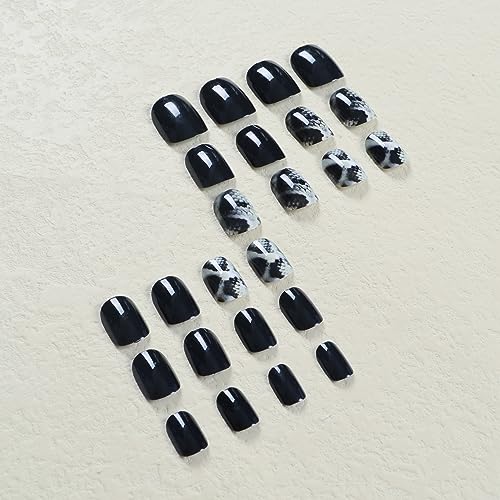 Press On Nails Short Square Black Snake Print Fake Nails Acrylic False Nail Tips Kit Glue on Nails for Women - Image 4