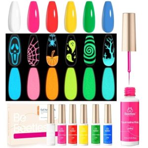 Beetles Chrome Nail Powder Mirror Effect 8 Colors Holographic Aurora Iridescent Pearlescent with Beetles Gel Polish Halloween Neon Glow in the Dark Gel Liner Nail Polish - 6 Colors Luminous Nail Art