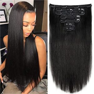 Clip in Human Hair Extensions 100g 7pcs with 16 clips Silky Straight Clip in Hair Extensions for Women Double Weft Thick Remy Human Hair (#1B Natural Black 18 inch)