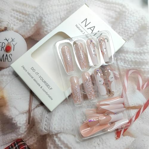24 Piece Long Square Christmas Reindeer Rhinestone French Tip Acrylic Fake Nails Glitter Snowflake Xmas Set - Image 2